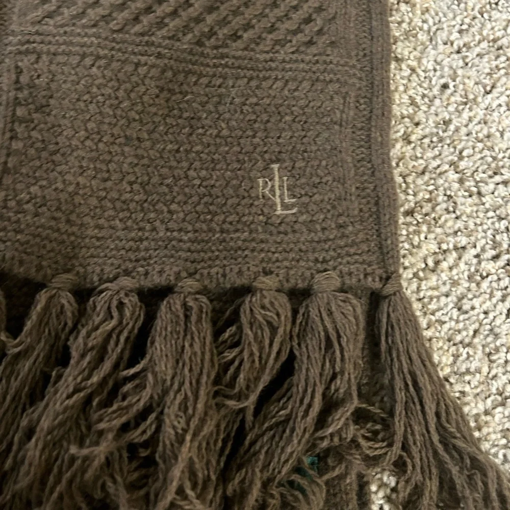 Lauren Ralph Lauren Lambs Wool Rabbit Hair Fringe Boho Scarf Knit Tassel Brown